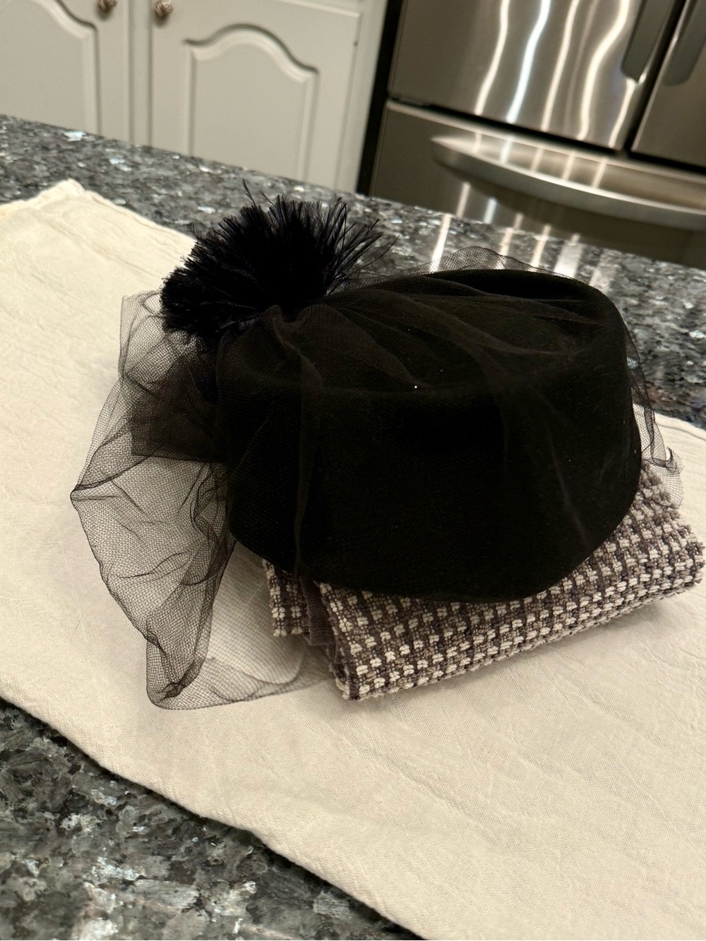80s Betmar Black Wool Tilt Hat Feather Pompom USA Wool Vintage Women’s Church